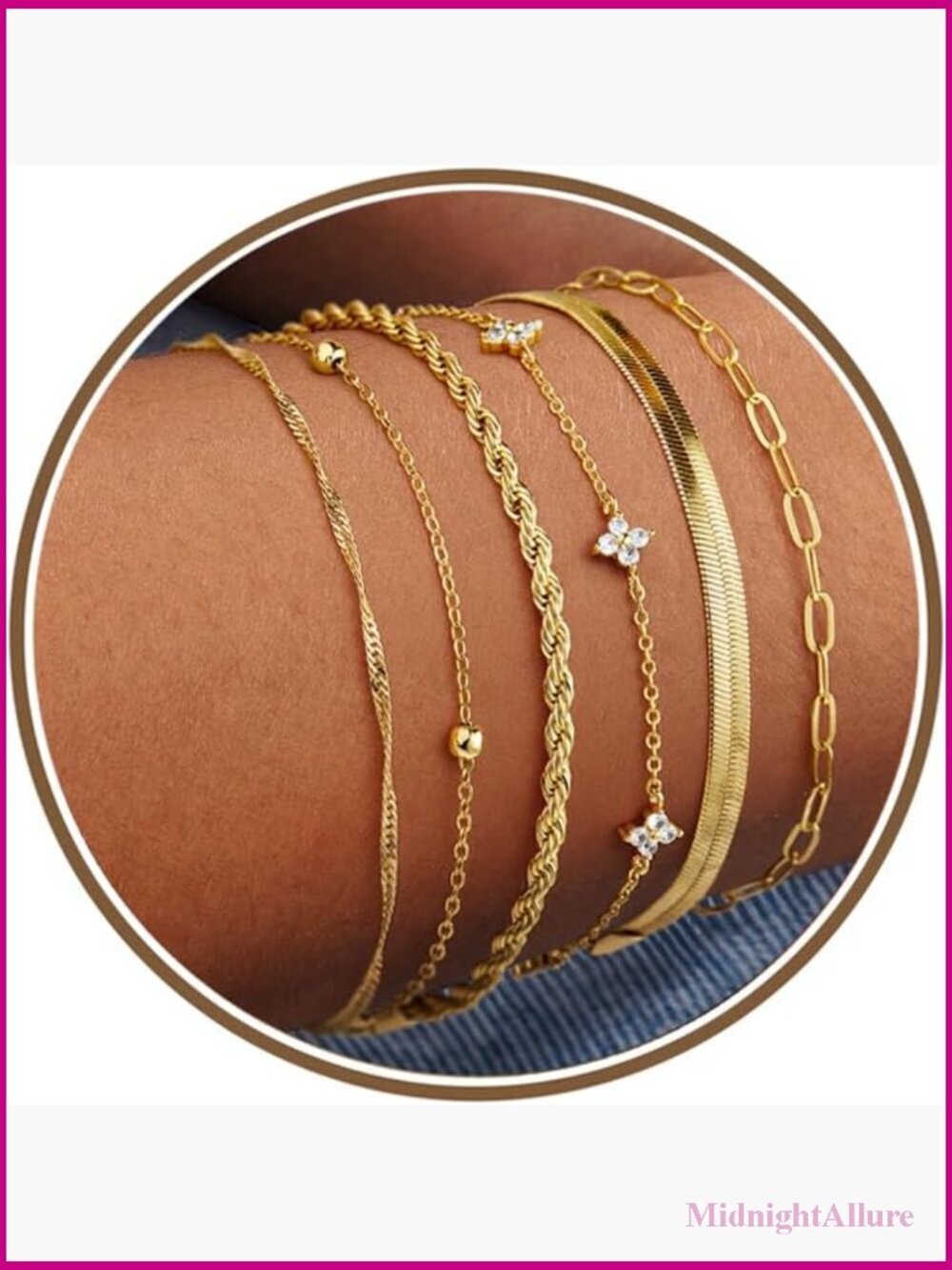 14K Gold Plated Stackable Bracelet Set for Women - Cuban Herringbone Rope Chain